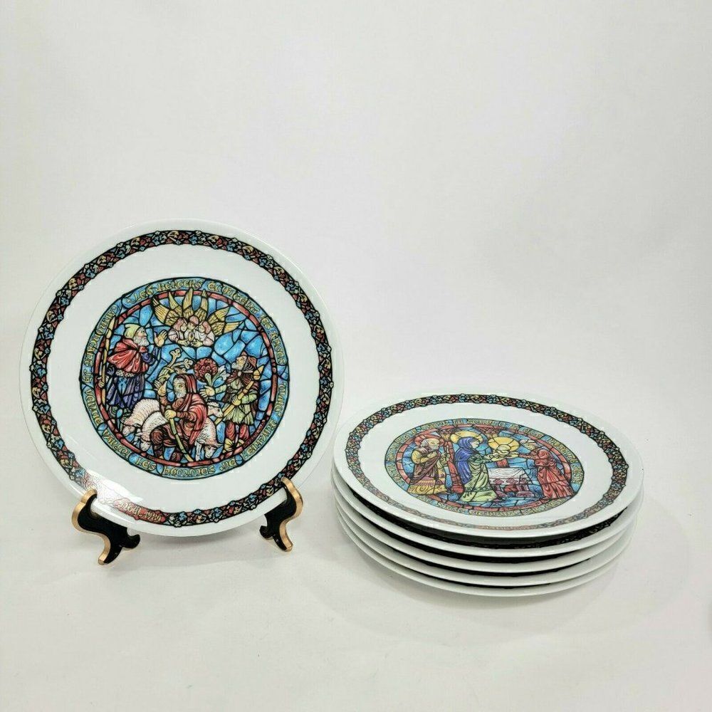 6 - D'Arceau‎ Limoges “Noel Vitrail” Stained Plates 8.5"  Vintage France 1970s